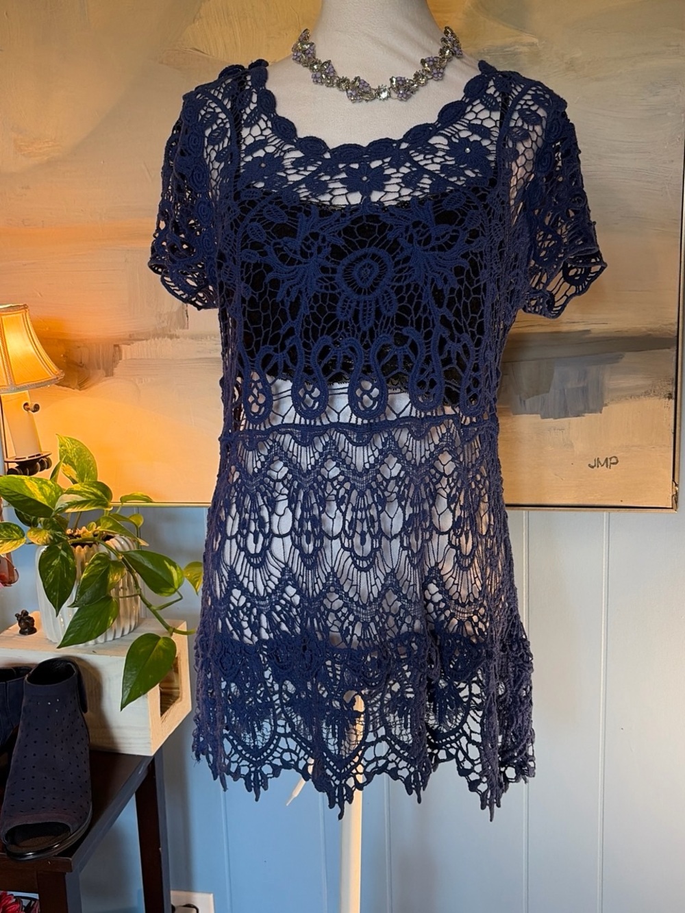 Cato Navy Crochet Lace Tunic Top